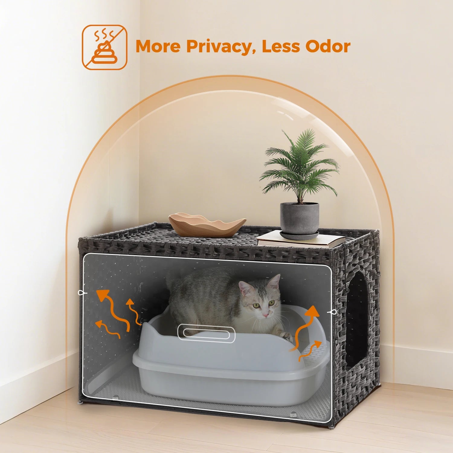 Rattan cat litter box enclosure with taller doorway by mypawbloom, featuring natural woven design and spacious interior