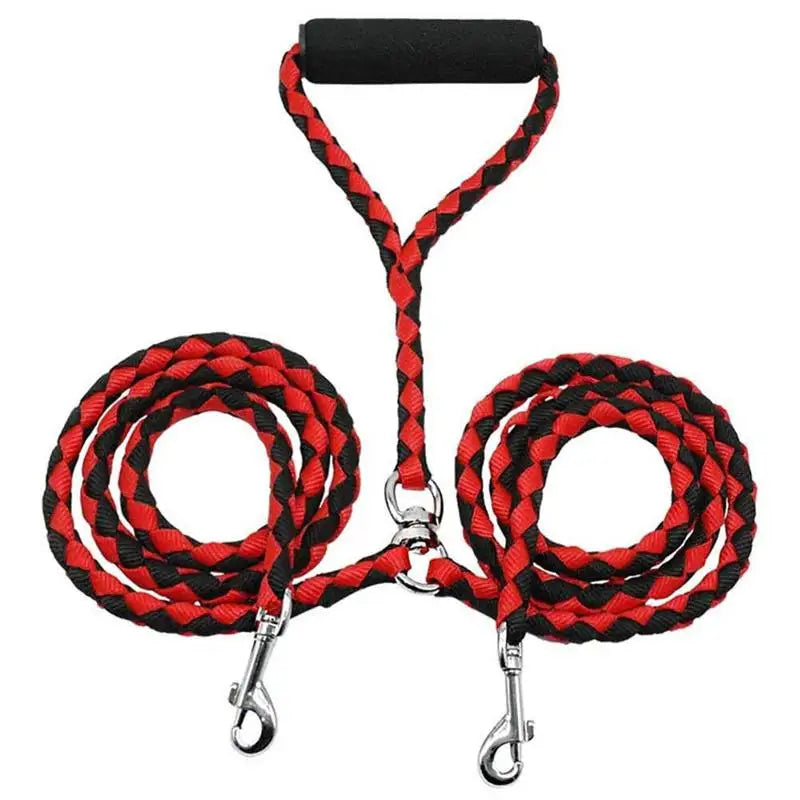 MyPawbloom 1.4m pet double leash with 2-way coupler showing durable nylon straps and metal clips for walking two pets simultaneously.
