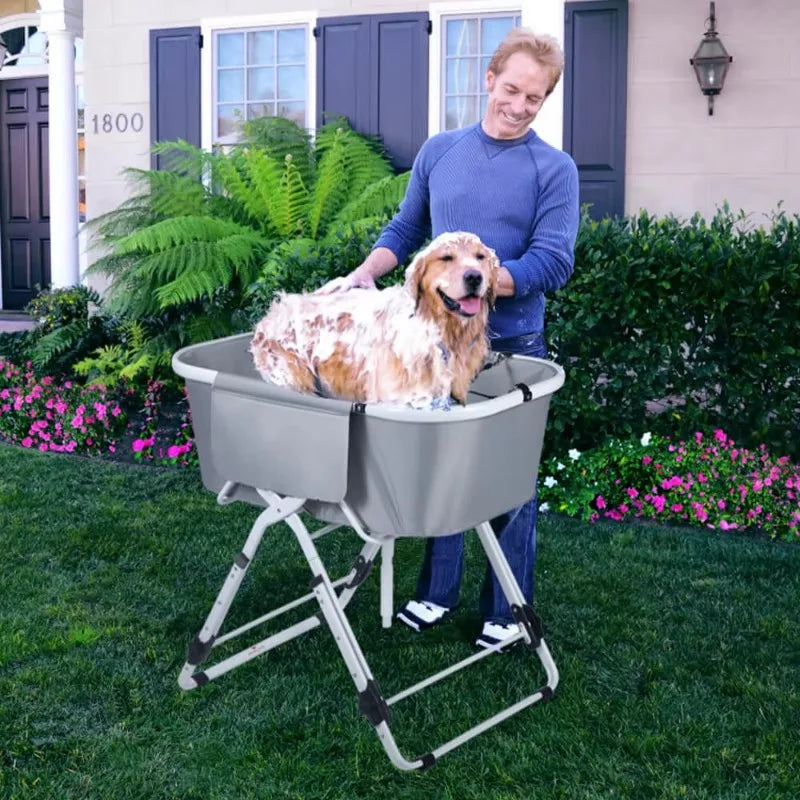 Elevated dog bath tub by mypawbloom with a non-slip surface and grooming accessories for easy bathing and showering.