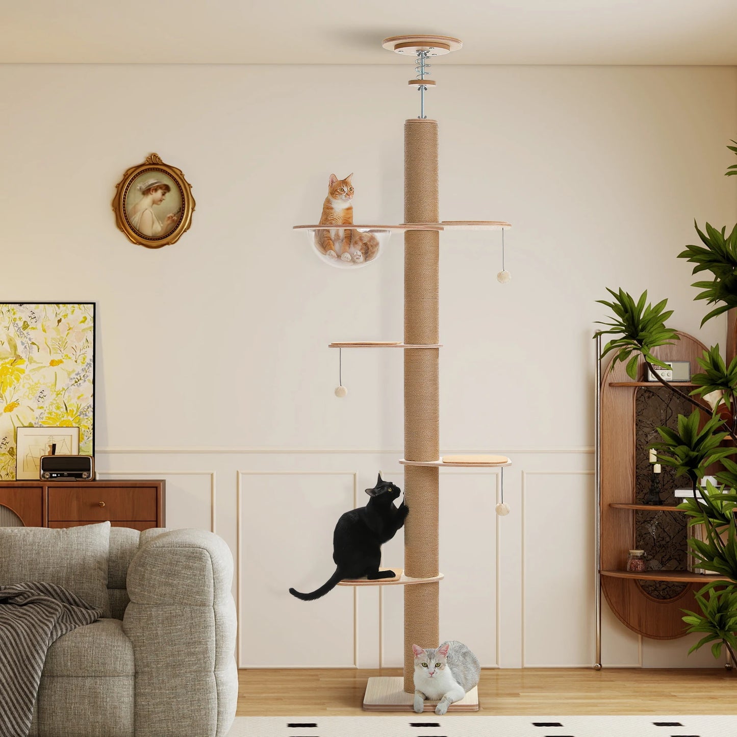 Adjustable height indoor cat tree from mypawbloom, featuring multiple platforms and sisal scratching posts for cats to climb and rest.