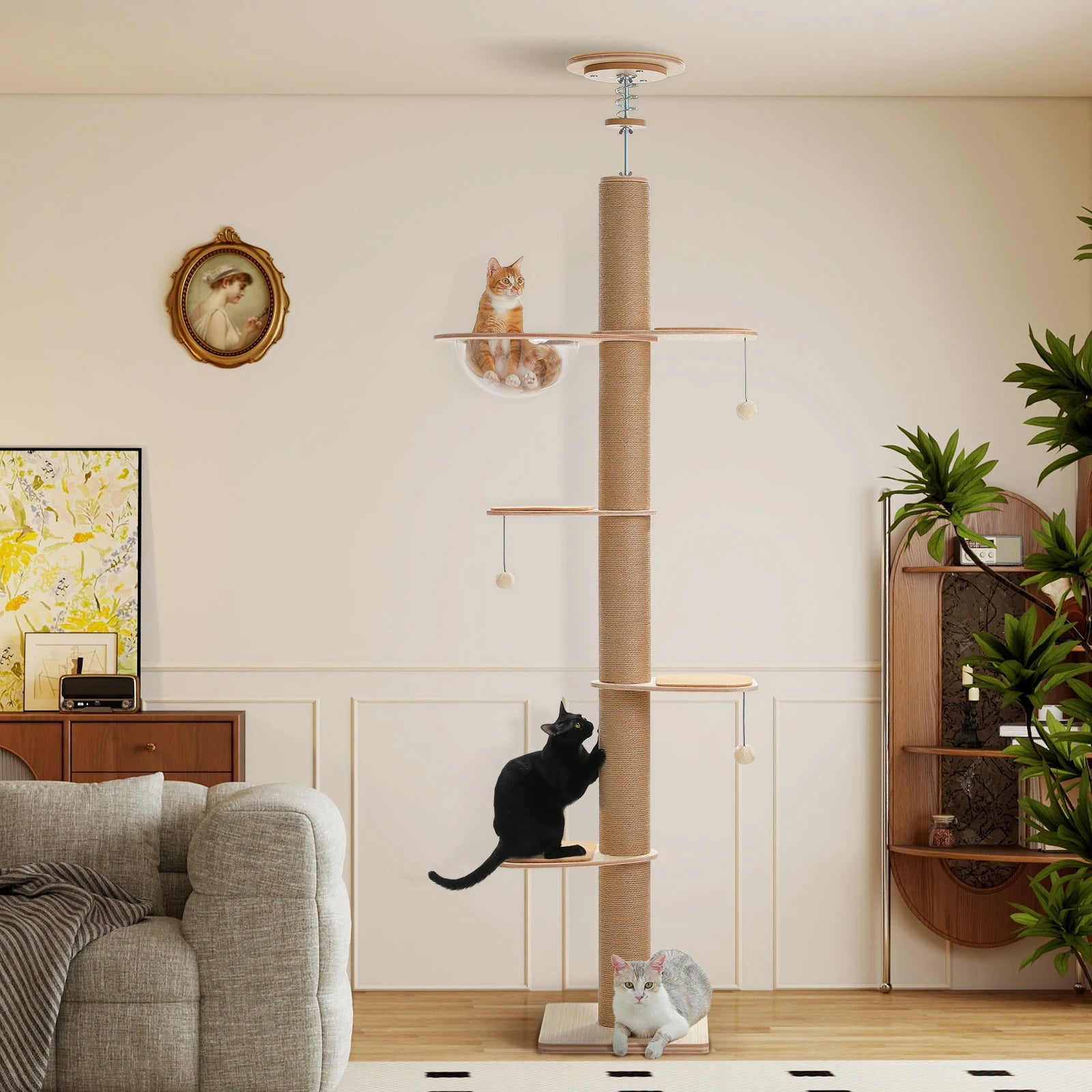 Adjustable height indoor cat tree from mypawbloom, featuring multiple platforms and sisal scratching posts for cats to climb and rest.
