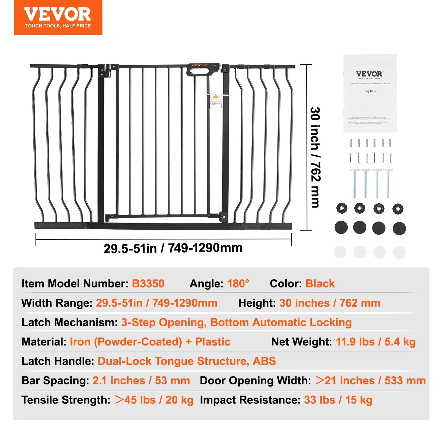 Mypawbloom walk-through dog gate in 28-36 inch height, easy to step over, made of sturdy metal with secure latch system