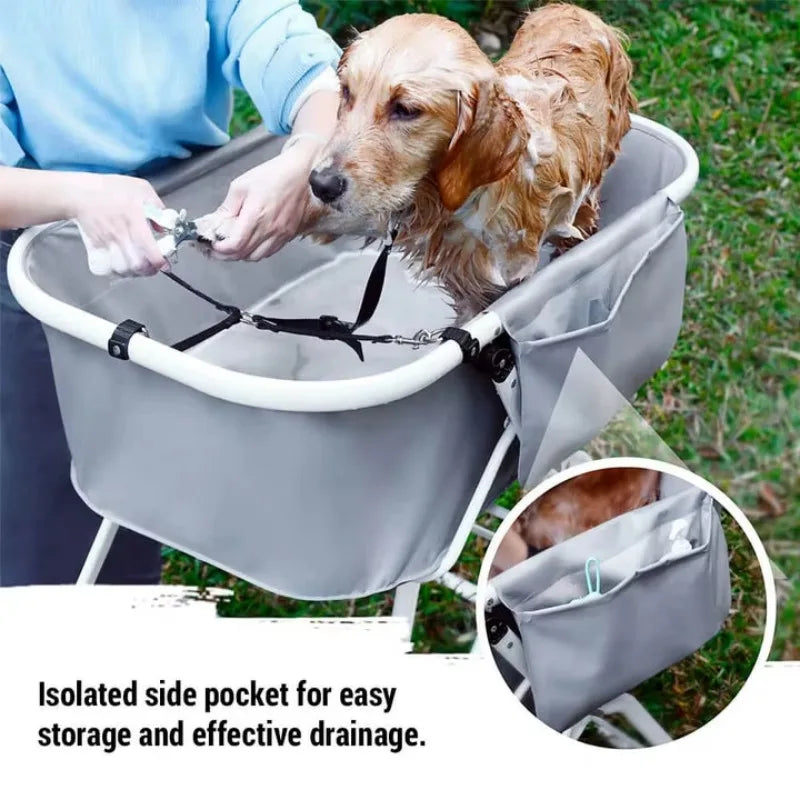Elevated dog bath tub from mypawbloom designed for grooming, featuring a sturdy frame and a spacious bathing area.
