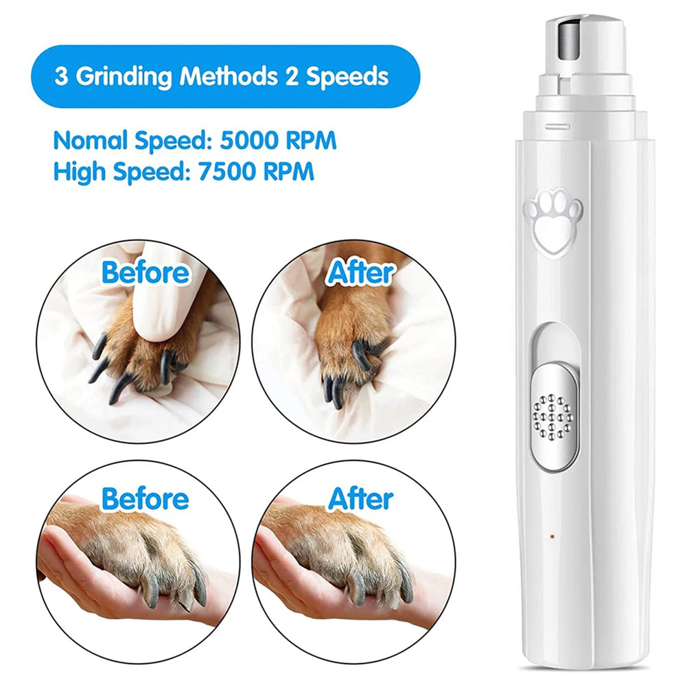 Mypawbloom electric dog nail grinder with USB charging, LED light, compact design for safe pet grooming.