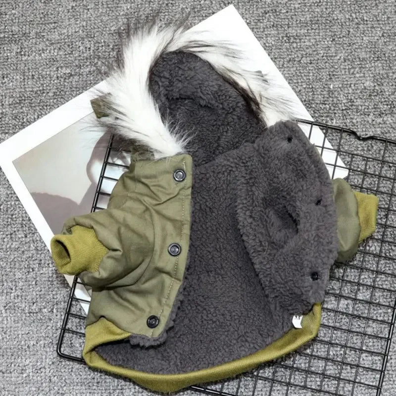 Warm dog coat jacket for small and medium dogs by mypawbloom, featuring a cozy hoodie and thick insulation for cold weather.