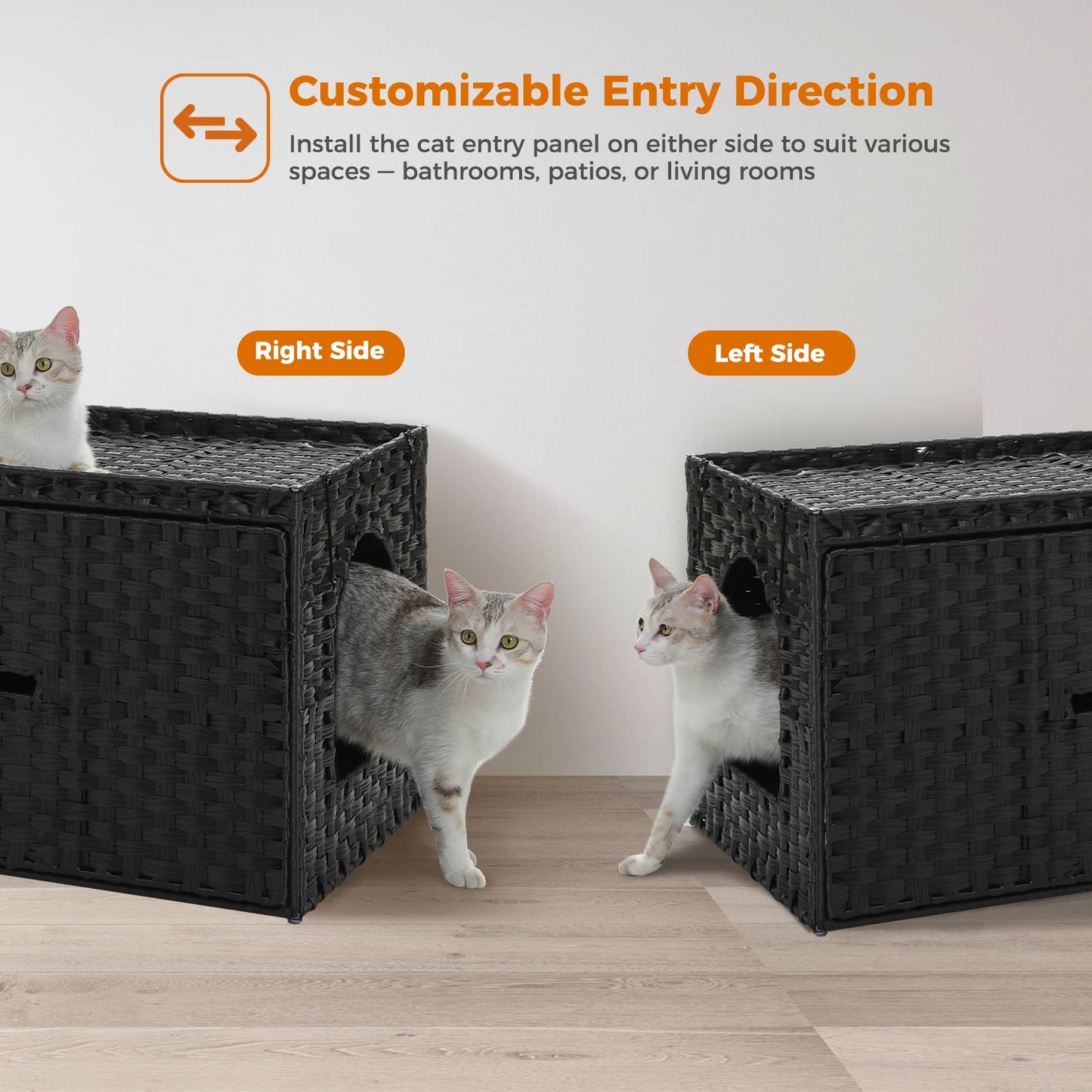Rattan cat litter box enclosure with taller doorway by mypawbloom, featuring natural woven rattan design and spacious interior.
