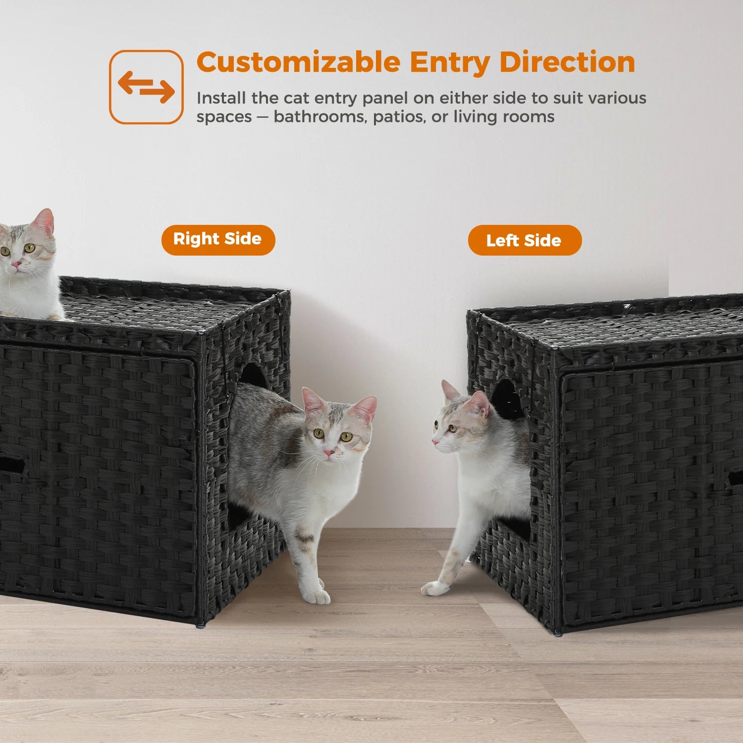 Rattan cat litter box enclosure with taller doorway by mypawbloom, featuring natural woven rattan design and spacious interior.