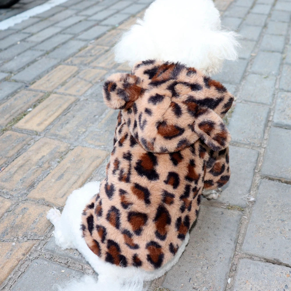 Warm Fleece Dog Hoodie Leopard Coat