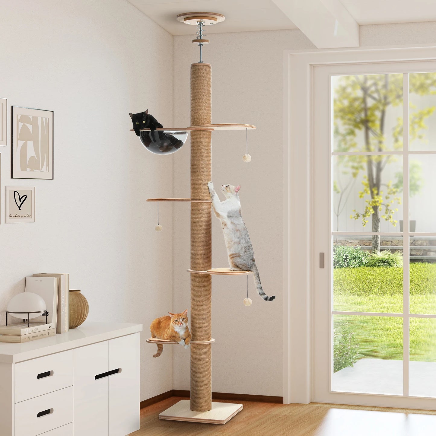 Adjustable height floor to ceiling cat tree by mypawbloom with multiple platforms and scratching posts for indoor cats.