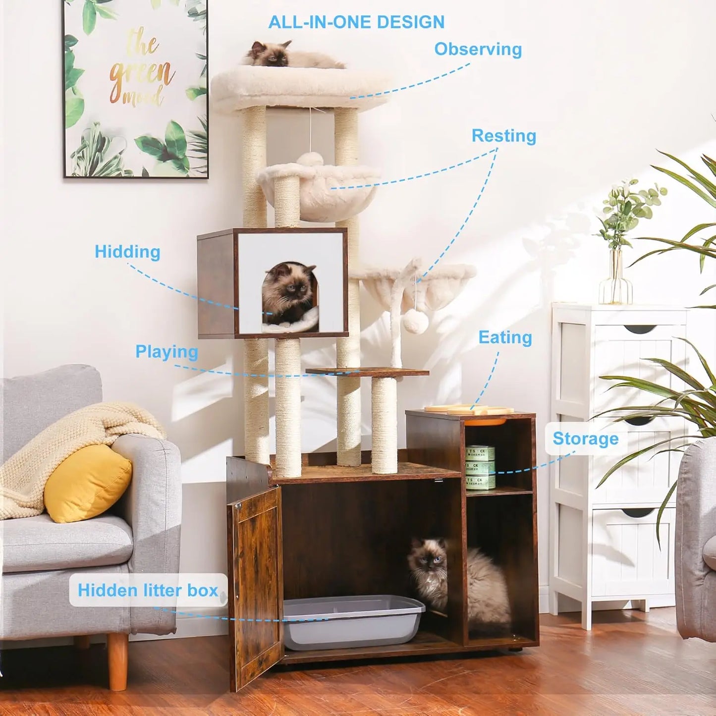 Modern cat tree with litter box enclosure by mypawbloom, featuring multi-level platforms and hidden litter box storage.