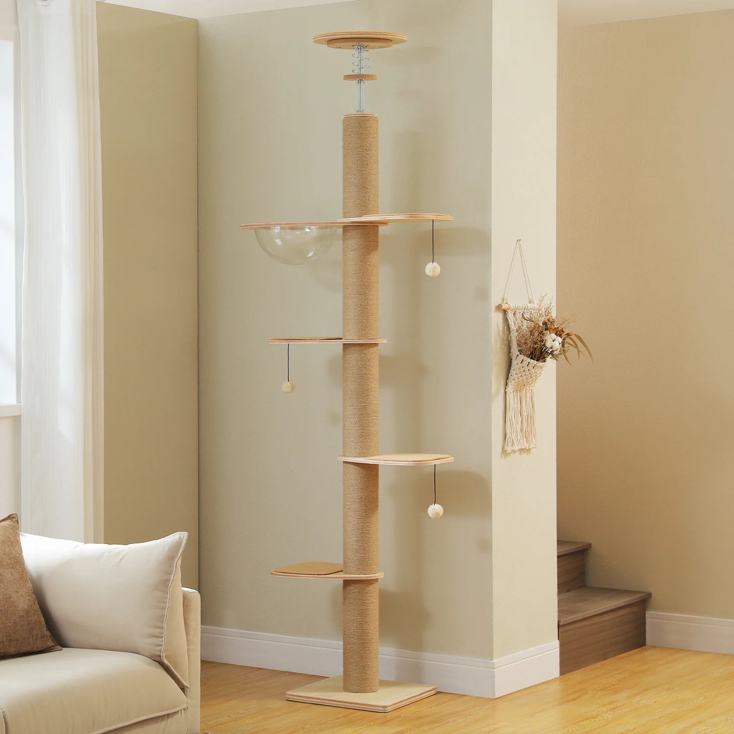 Adjustable height indoor cat tree by mypawbloom with multiple platforms and cozy spots for cats to climb and relax.