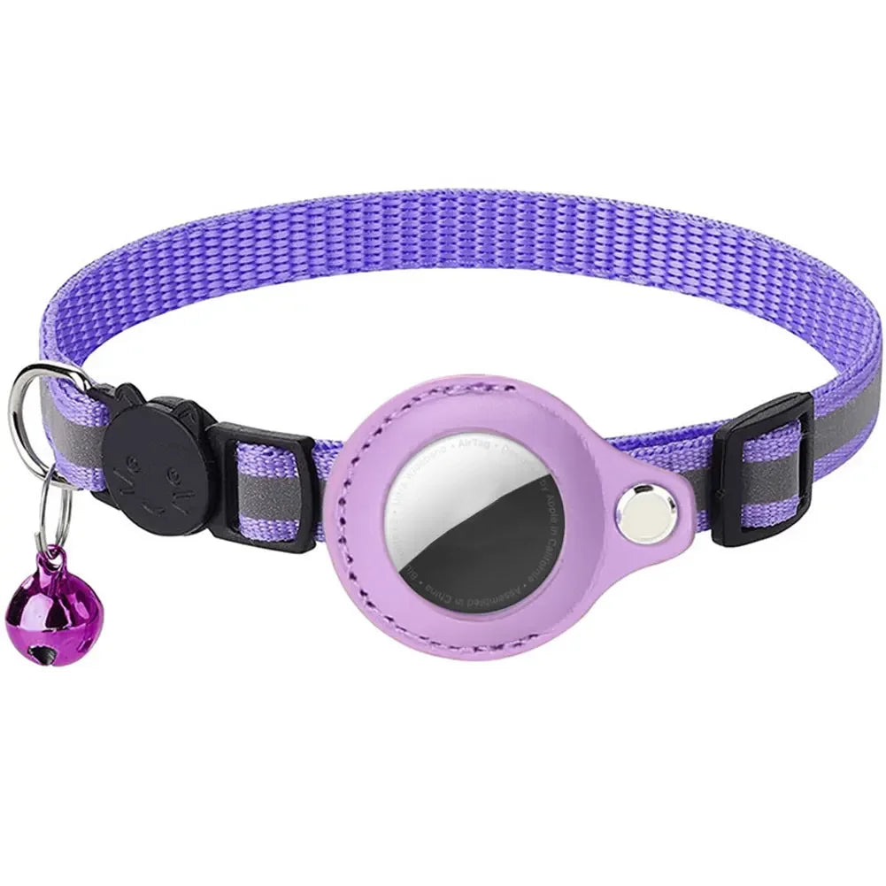 Reflective cat collar with Apple AirTag holder by mypawbloom, featuring a secure buckle and reflective strip for visibility.