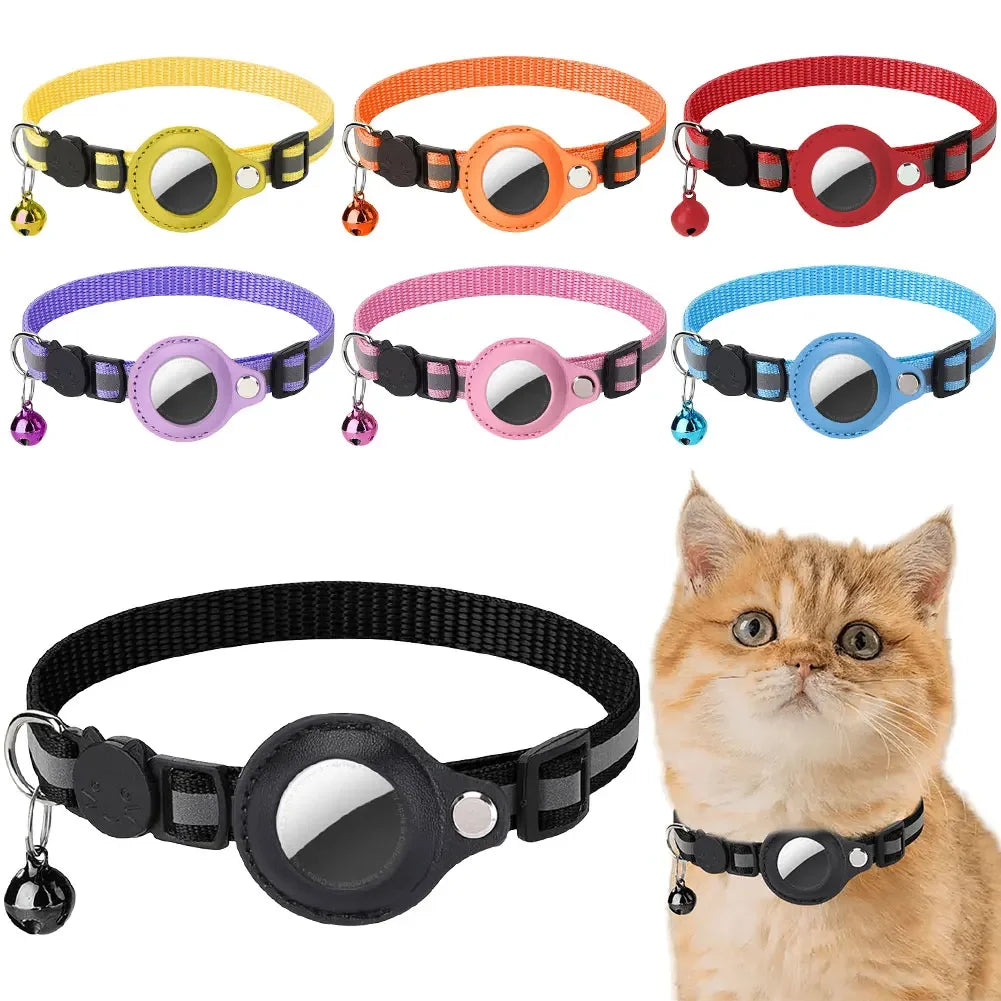 Reflective cat collar with Apple AirTag holder by mypawbloom, featuring a secure buckle and reflective strip for visibility.