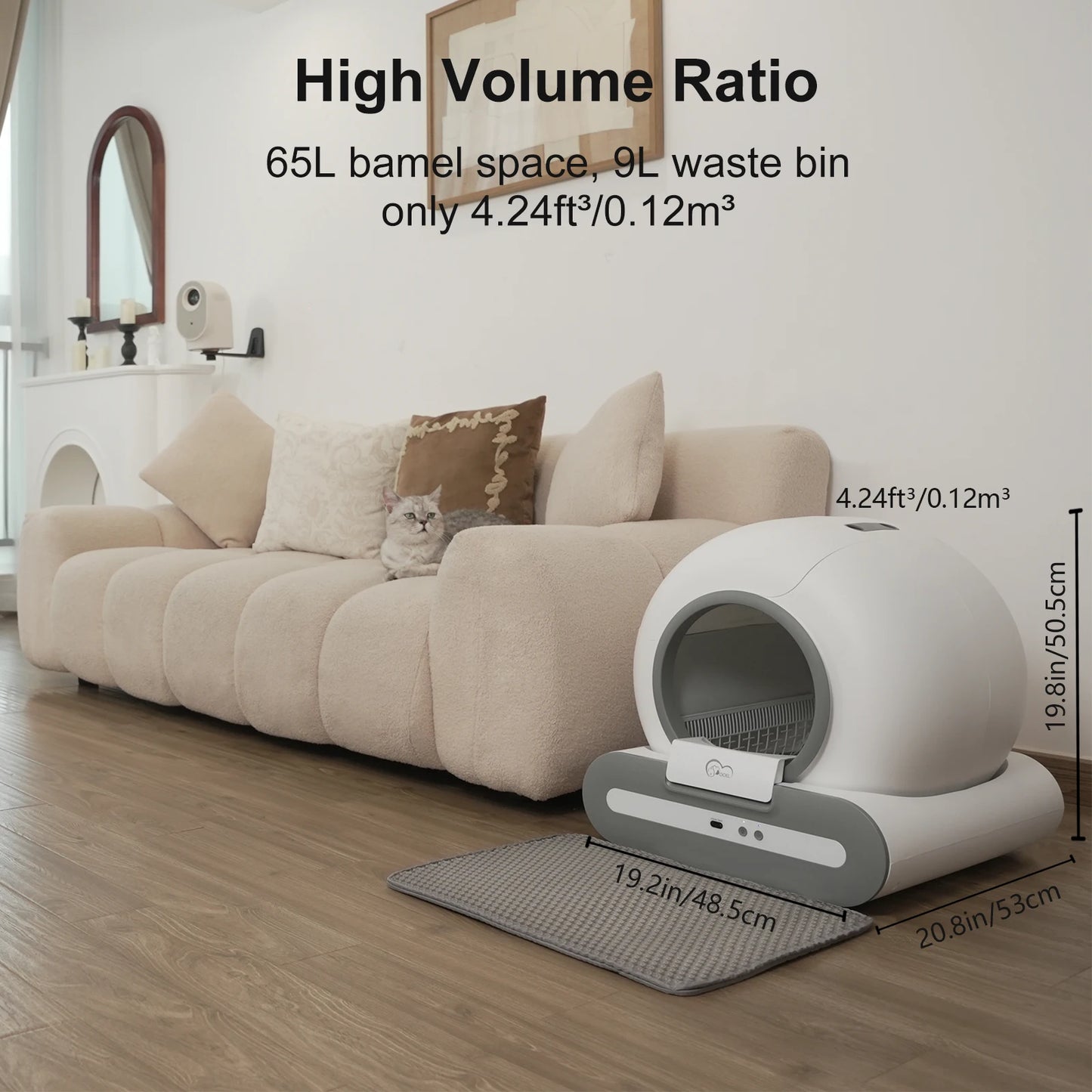 mypawbloom DOEL 65L self-cleaning cat litter box with app control, showing the sleek design and digital control panel.