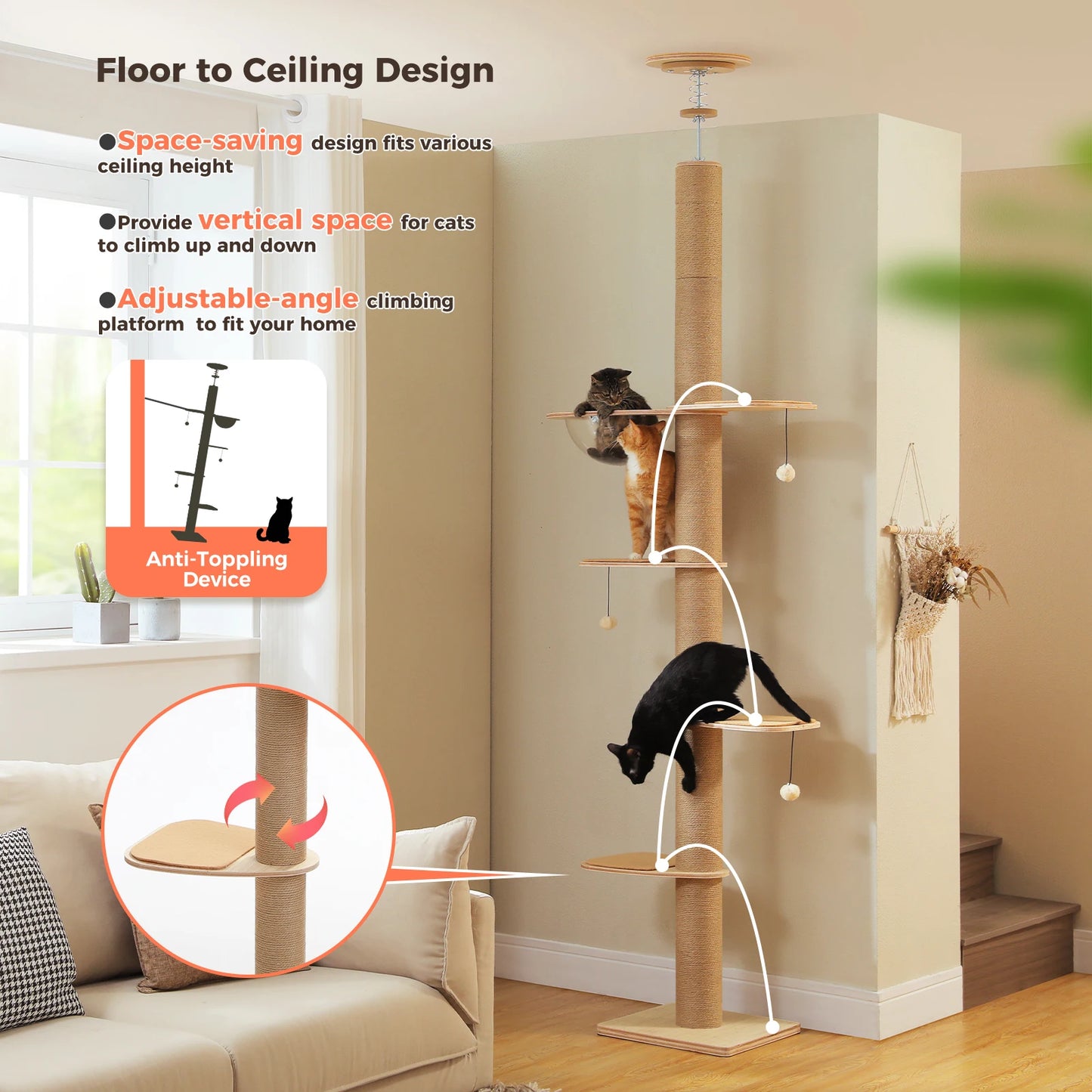 Adjustable height floor to ceiling cat tree by mypawbloom with multiple perches and scratching posts for indoor cats.