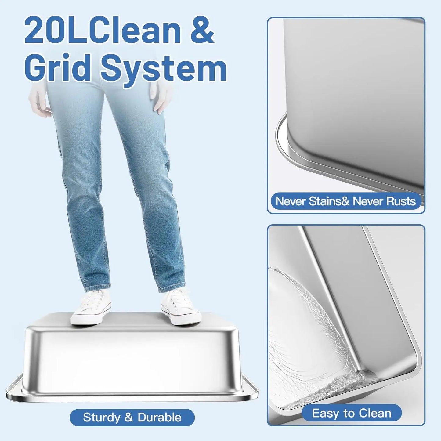 Two large stainless steel cat litter boxes with lids, featuring a sleek design and easy-to-clean surfaces.