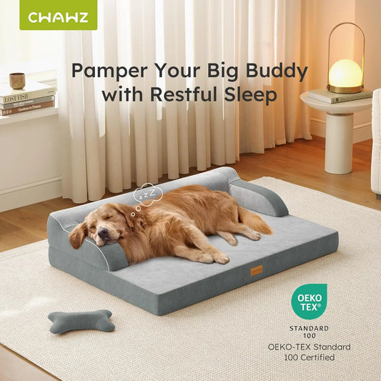 Large orthopedic dog bed with cooling memory foam from mypawbloom, featuring plush fabric and supportive cushioning for pets.