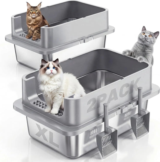 Two XL stainless steel cat litter boxes with lids from mypawbloom, featuring a sleek, durable design for easy cleaning and privacy.