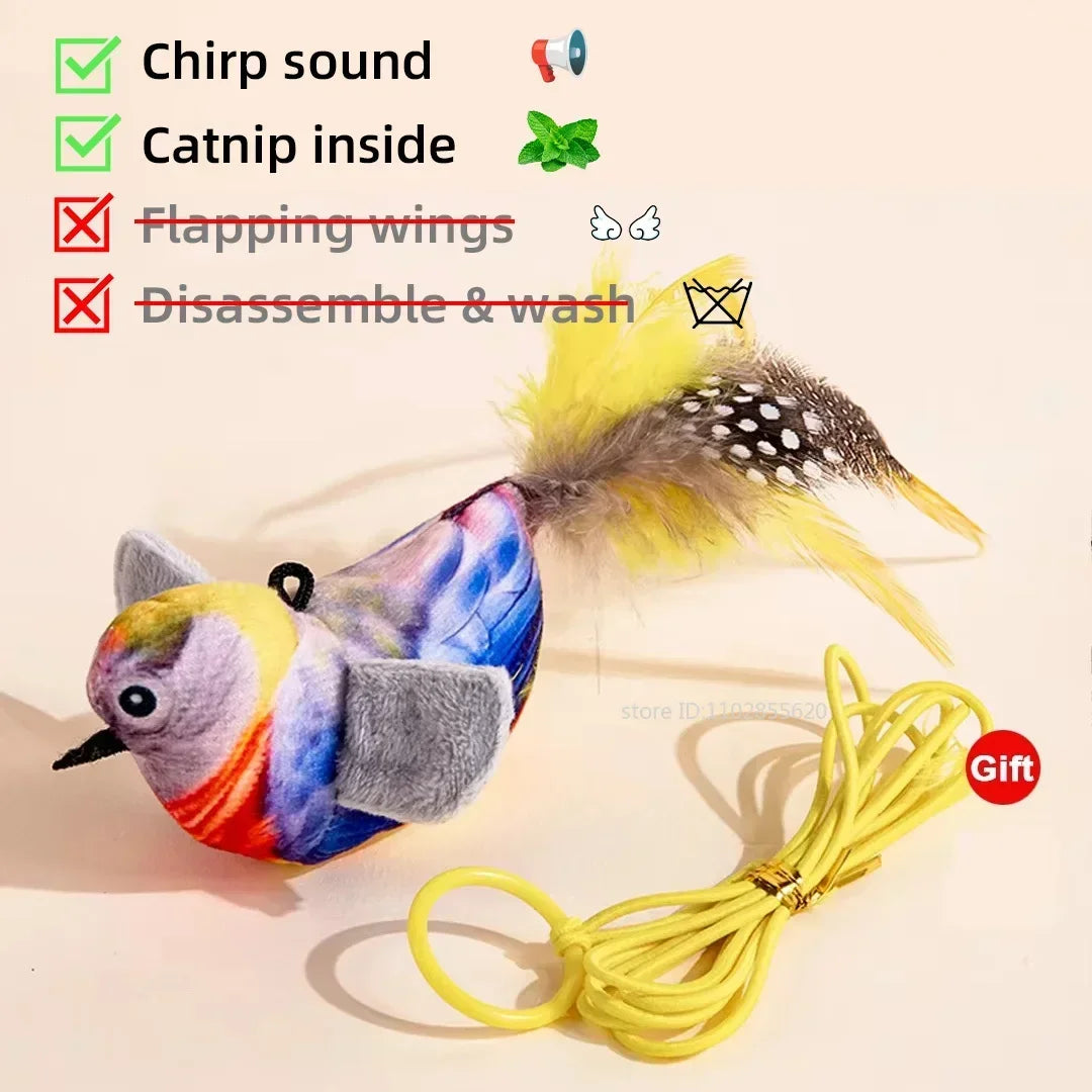 Rechargeable chirping flapping bird plush toy for cats by mypawbloom, touch-activated with squeak and catnip.