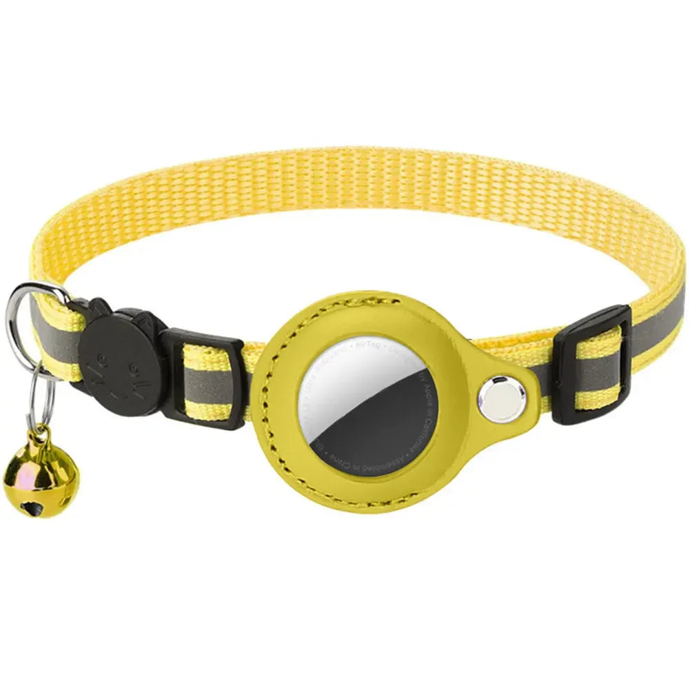 Reflective cat collar by mypawbloom with built-in Apple AirTag holder, featuring reflective strip for visibility and safety.