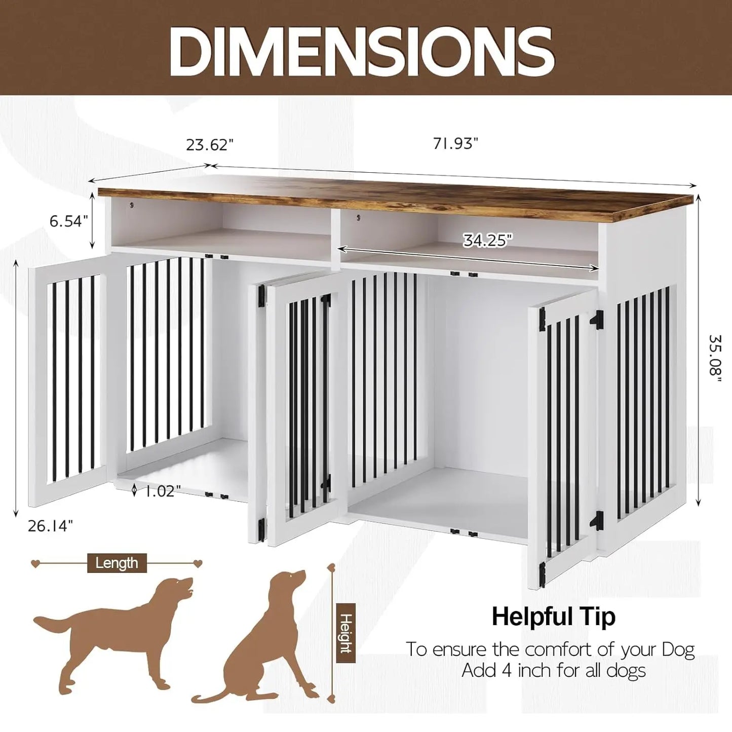 Mypawbloom 72-inch dog crate furniture designed for two dogs, featuring a stylish wooden frame and spacious interior.
