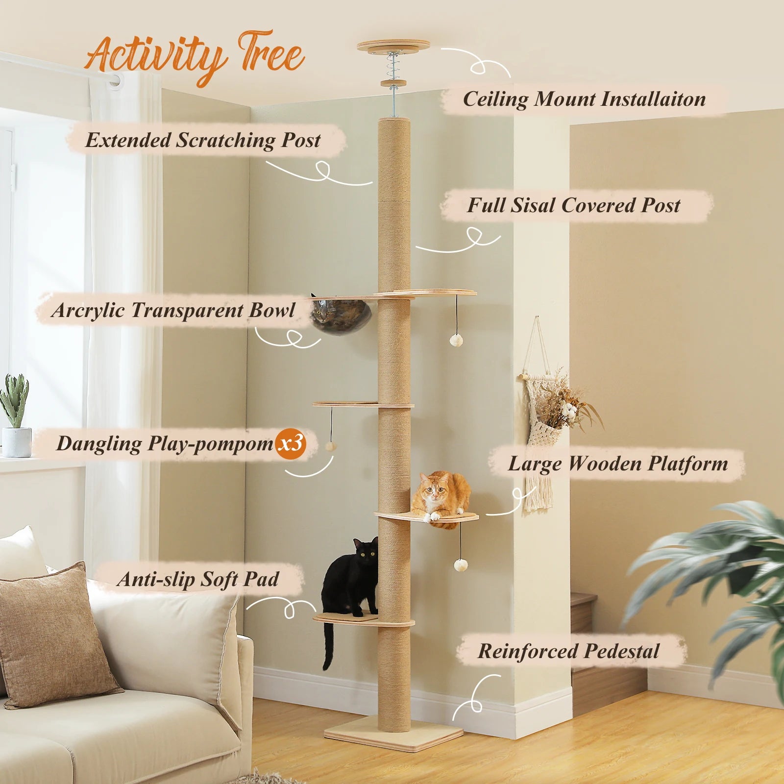 Adjustable height floor to ceiling cat tree by mypawbloom with multiple perches and scratching posts for indoor cats.