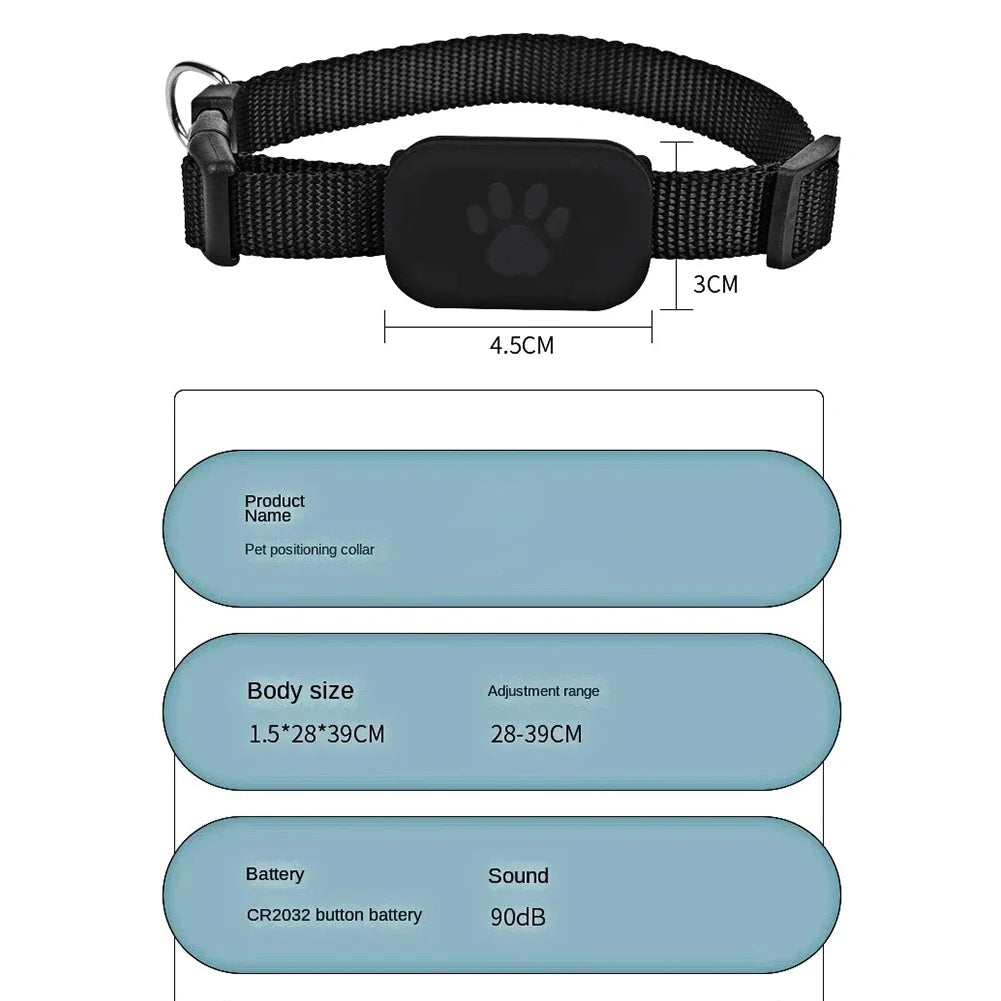 Pet GPS tracker with adjustable collar by mypawbloom, showing the device attached to a small dog’s neck for real-time location tracking.