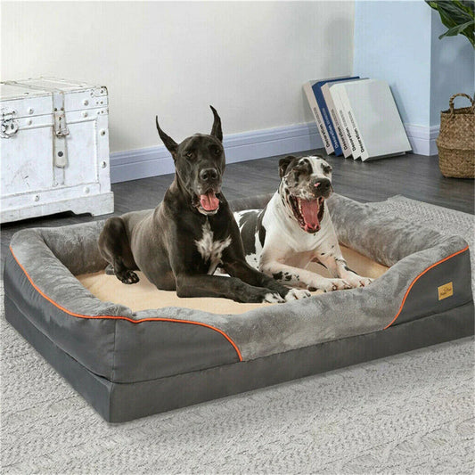 Large orthopedic dog bed with memory foam and removable cover by mypawbloom, featuring a plush, comfortable surface for pets.