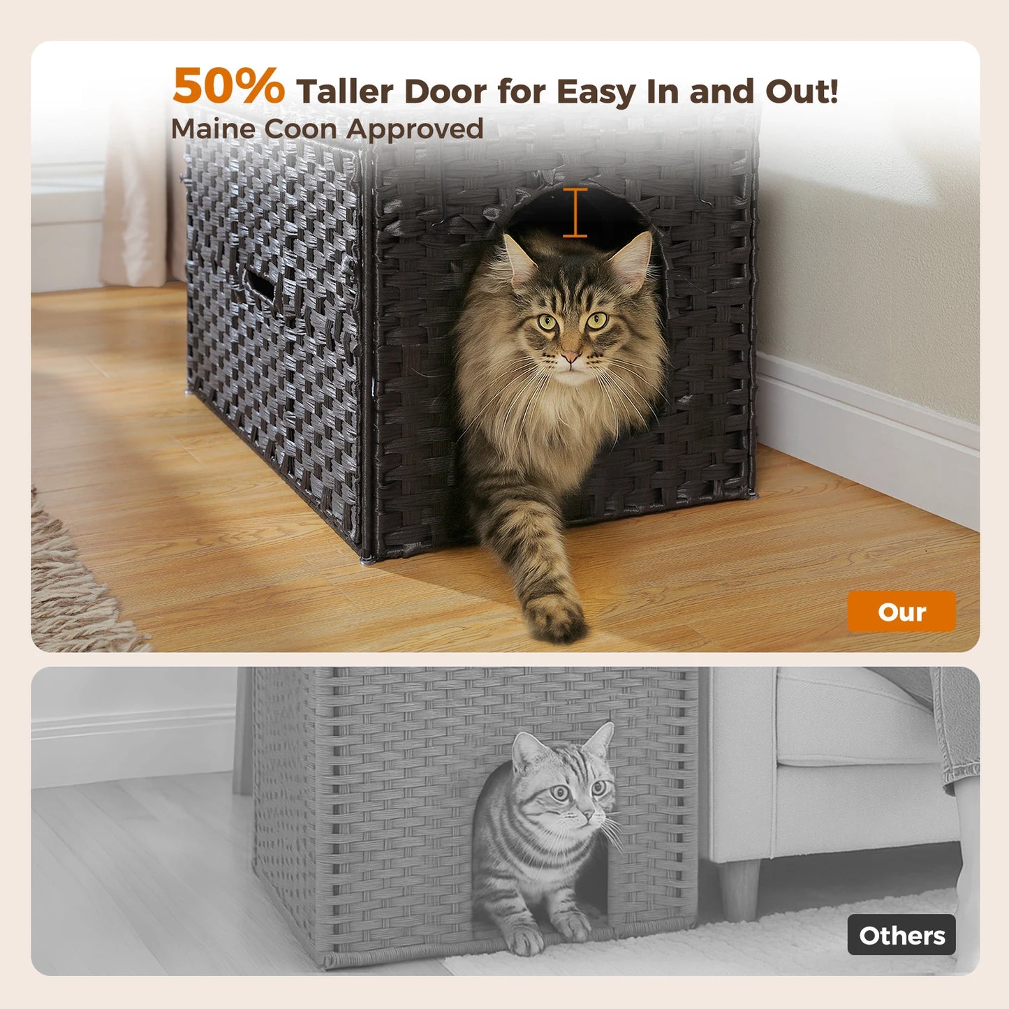 Rattan cat litter box enclosure by mypawbloom with taller doorway for easy access and stylish natural rattan design.