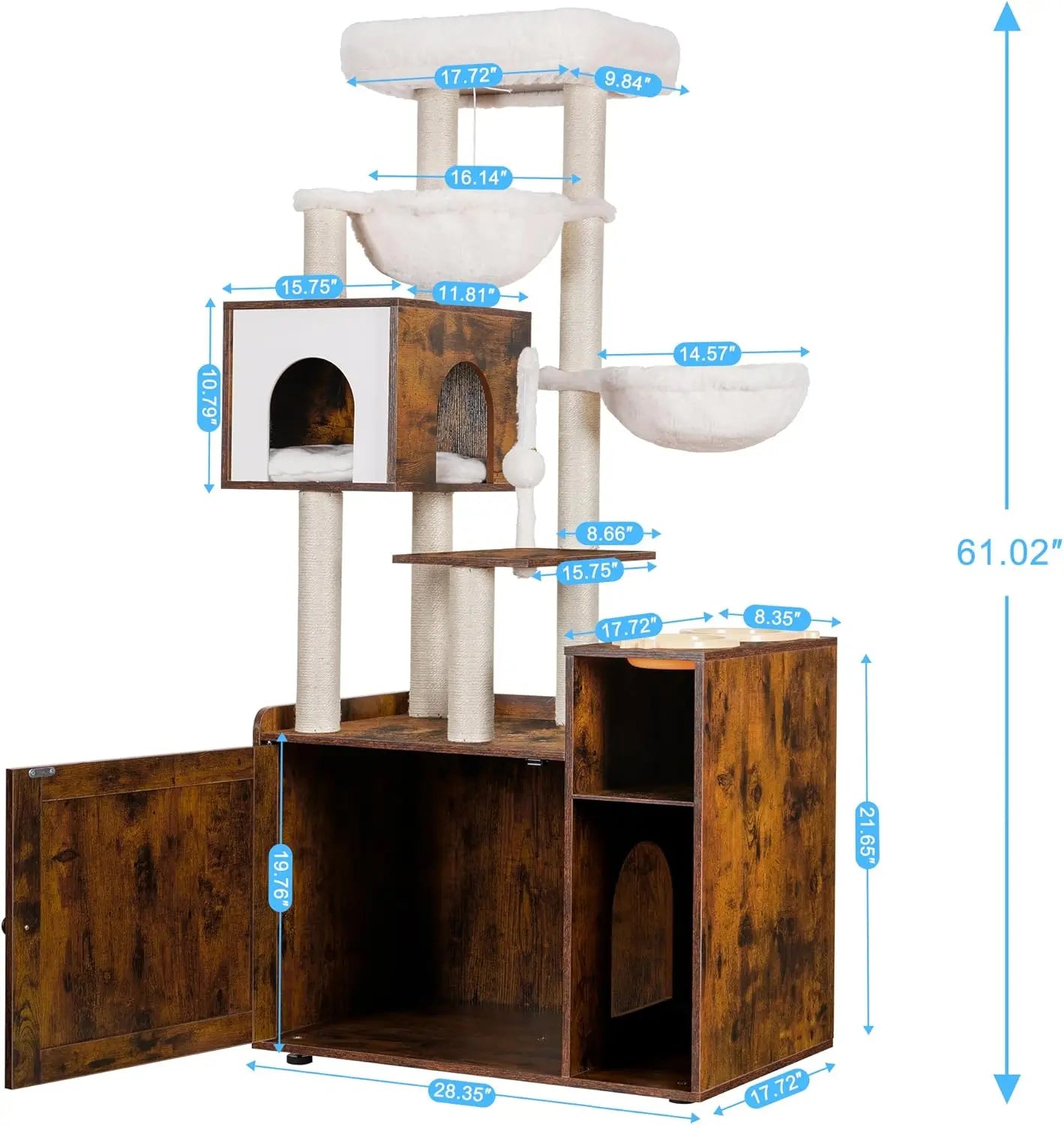 Modern cat tree with litter box enclosure by mypawbloom, featuring multi-level platforms and hidden litter box compartment.