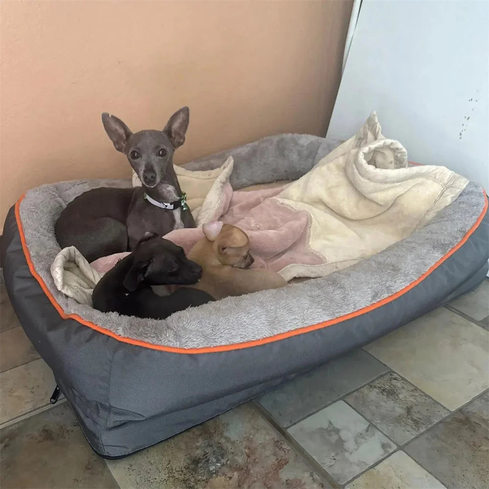 Large orthopedic dog bed with memory foam and removable cover by mypawbloom, featuring plush fabric and supportive design.
