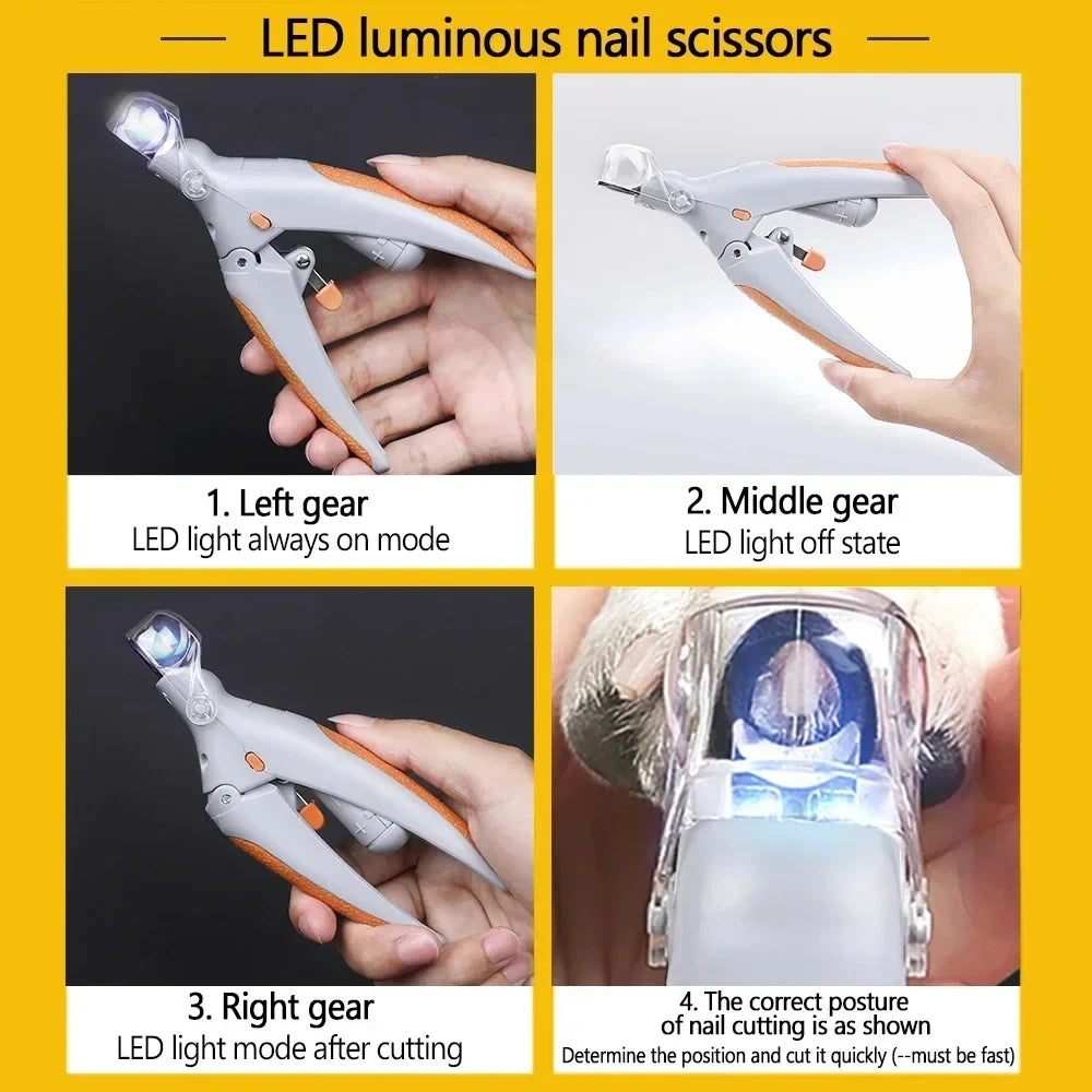 Mypawbloom professional pet nail clipper scissors with LED light, featuring stainless steel blades and ergonomic design for easy grooming