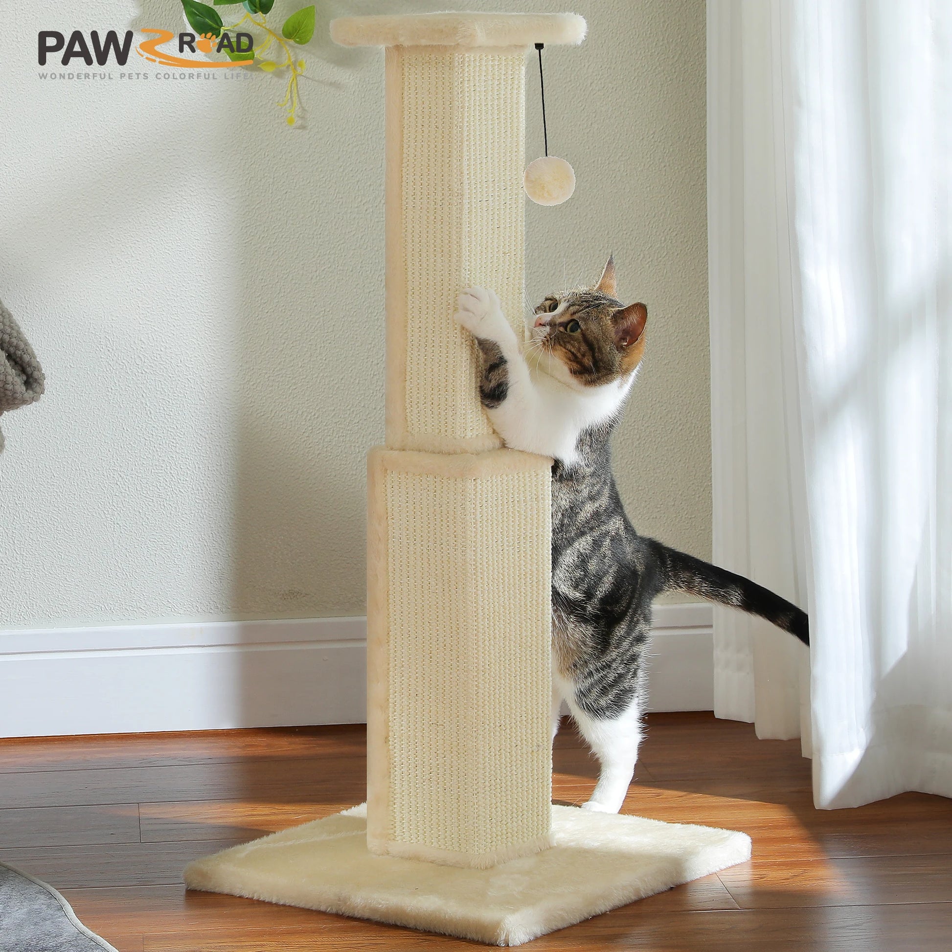Large mypawbloom cat scratching post with sisal rope and plush top, ideal for cats to scratch, climb, and rest comfortably.