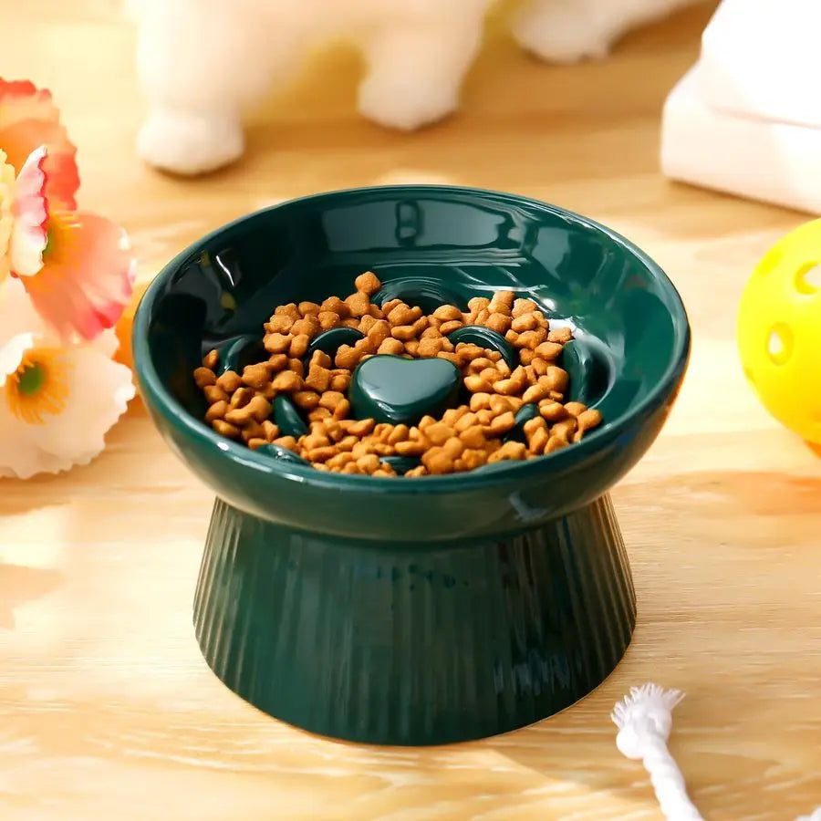 Two ceramic raised cat slow feeder bowls by mypawbloom with textured surface and elevated design for easy eating.