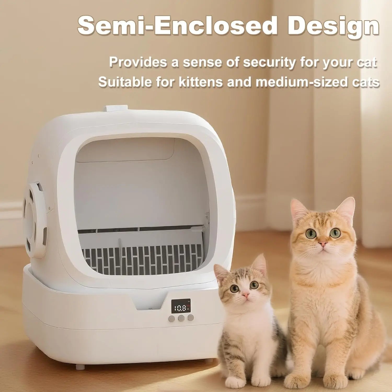 Automatic cat litter box by mypawbloom with self-cleaning, app control, and weight monitoring features in a sleek design.