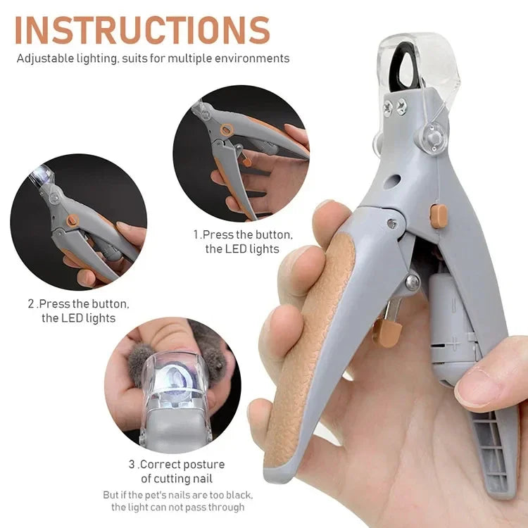 Mypawbloom professional pet nail clipper scissors with LED light, showing sharp blades and integrated LED for precise grooming.