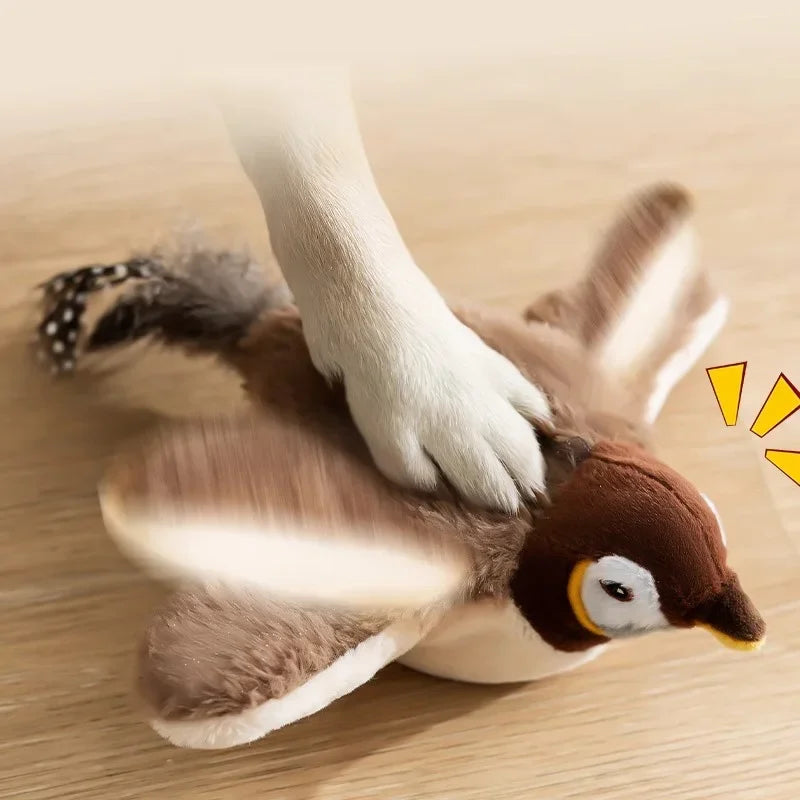 MyPawbloom rechargeable plush bird toy for cats with chirping, flapping, and squeak features, touch-activated and filled with catnip.