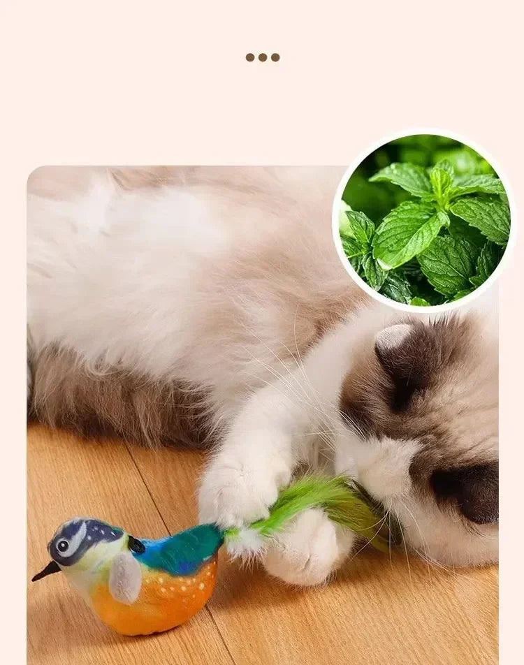 Pink plush chirping flapping bird toy for cats, touch-activated squeak and catnip from mypawbloom for interactive play.