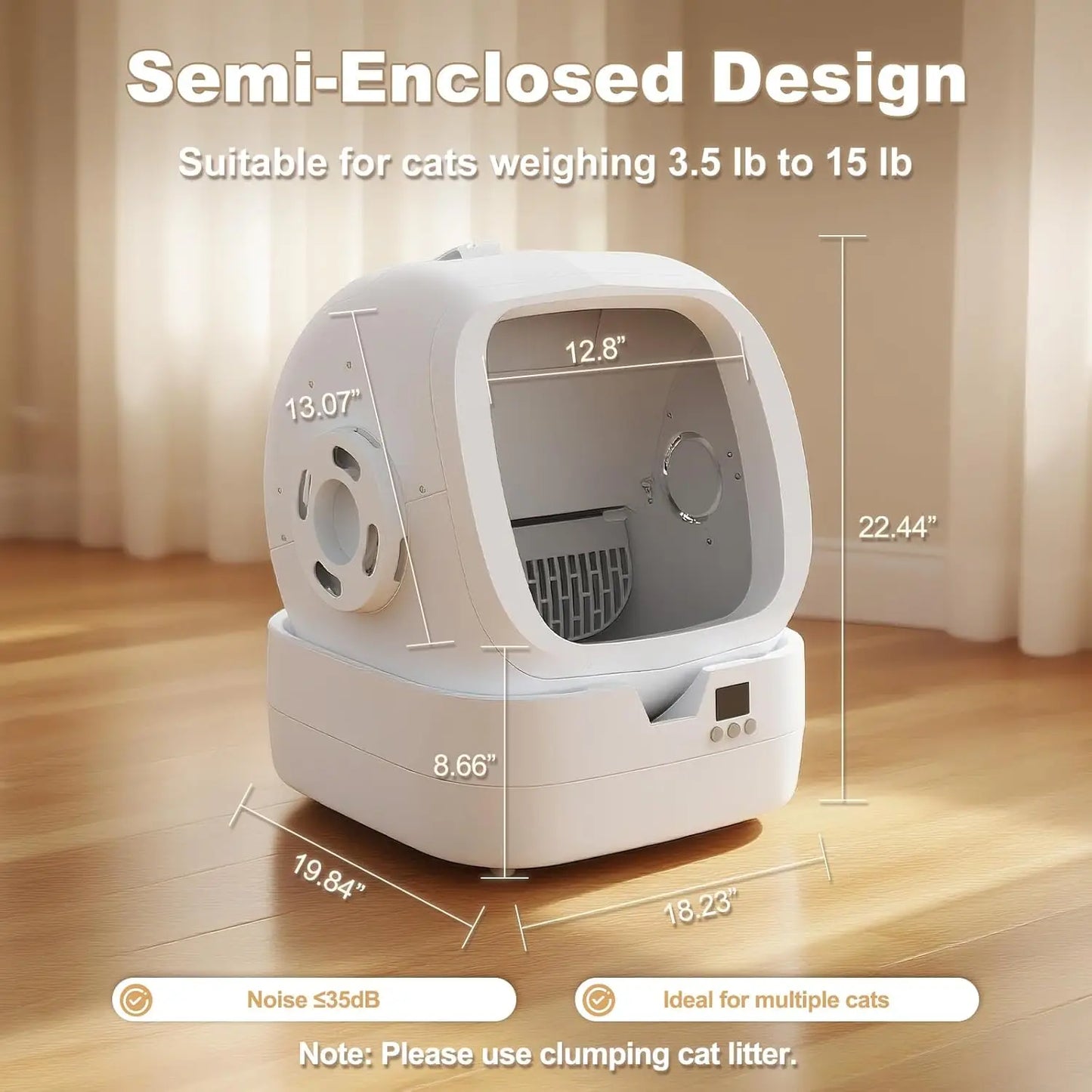 Automatic cat litter box by mypawbloom with self-cleaning, app control, and weight monitoring features in a modern design.