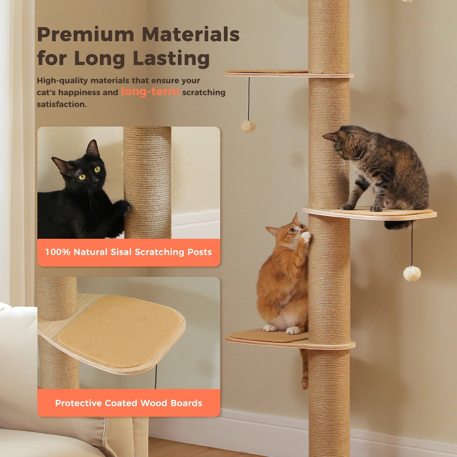 Adjustable height floor to ceiling cat tree by mypawbloom with multiple platforms and sisal scratching posts for indoor cats.