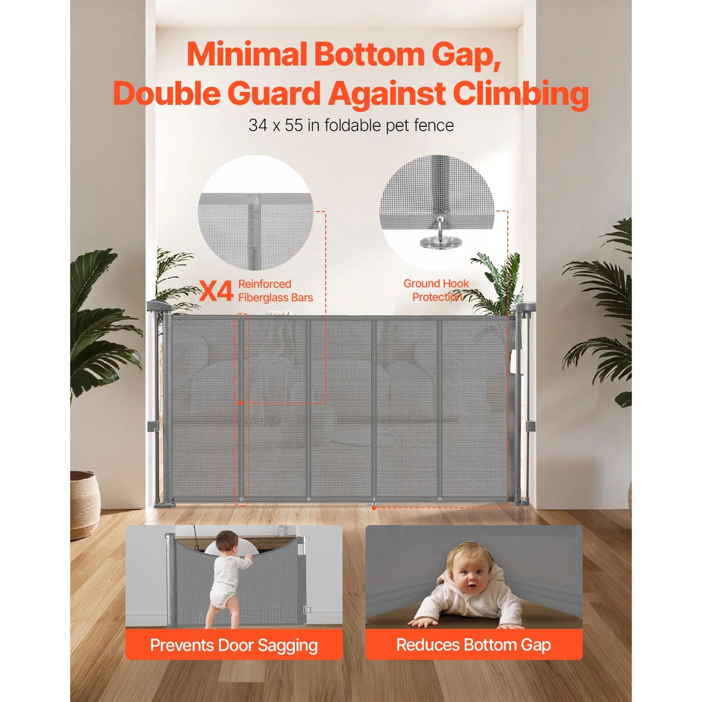 Retractable mesh gate by mypawbloom in 55, 71, or 110-inch sizes, with a 34-inch height, shown in a home setting.