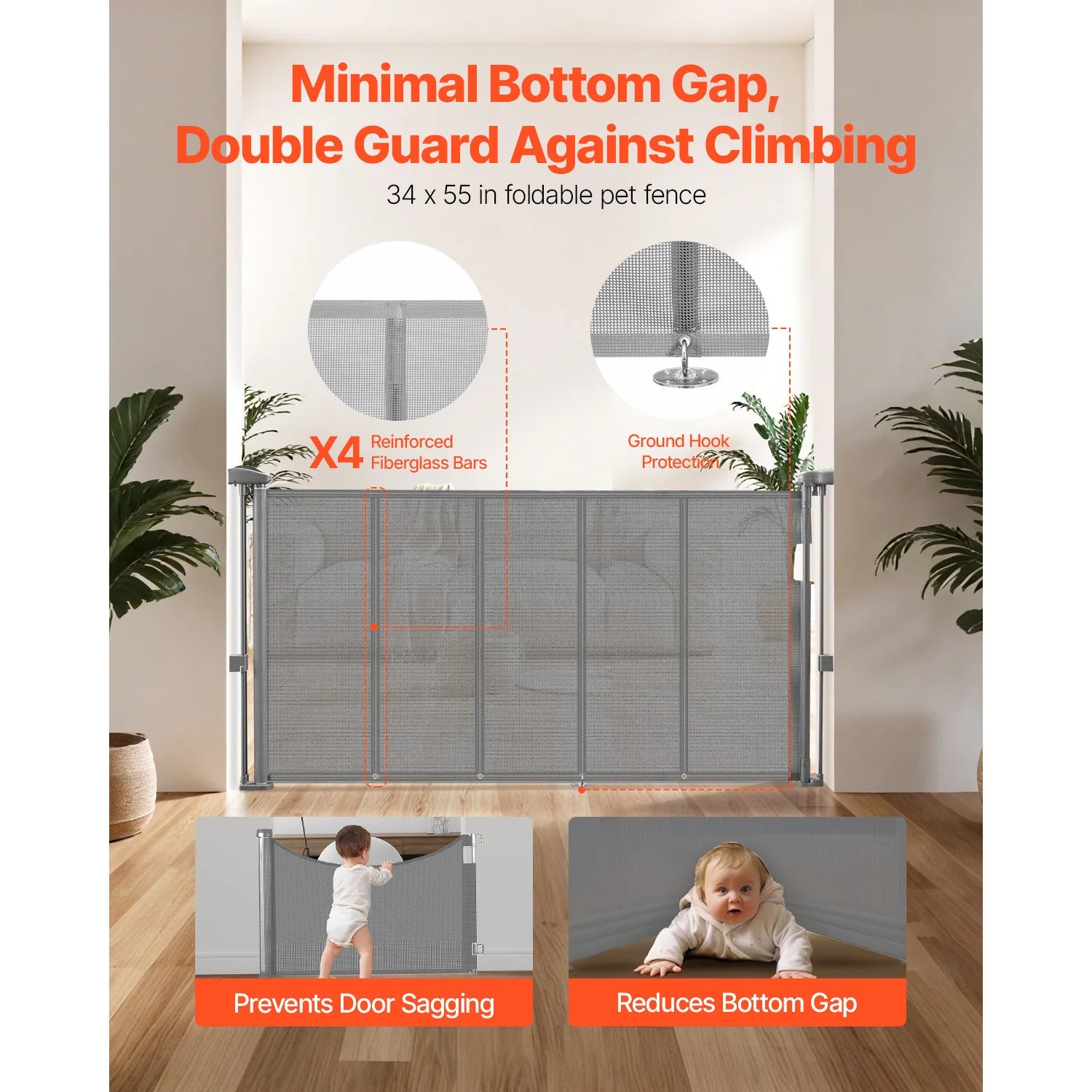 Retractable mesh gate by mypawbloom in 55, 71, or 110-inch sizes, with a 34-inch height, shown in a home setting.