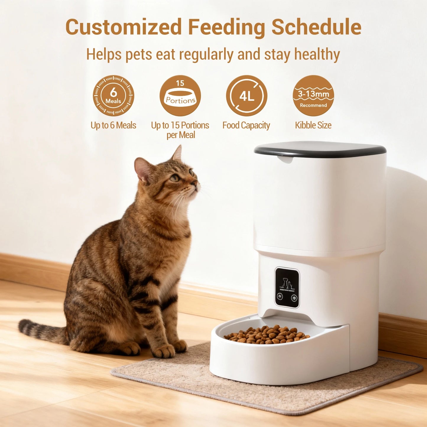 Mypawbloom programmable 4L automatic pet feeder for small dogs and cats showing digital control panel and food container