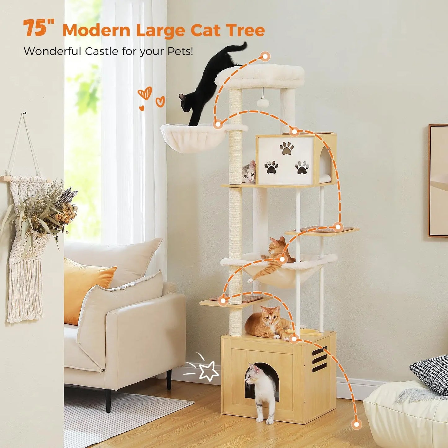 Large Cat Tree with Food Station, 74.8 Inches Wooden Tall Cat Tower