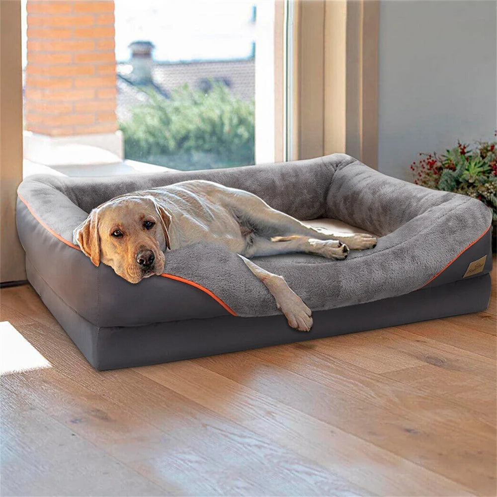 Large orthopedic dog bed with memory foam and removable cover by mypawbloom, featuring a soft, cushioned surface for pet comfort.
