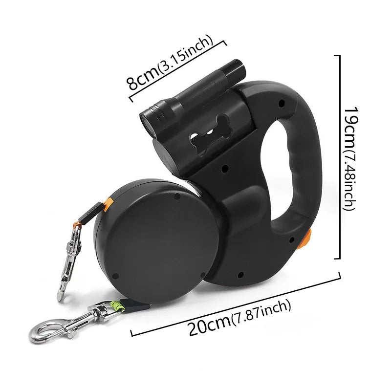 Mypawbloom 3-in-1 double head retractable dog leash with flashlight and poop bag dispenser, shown with leash and accessories.