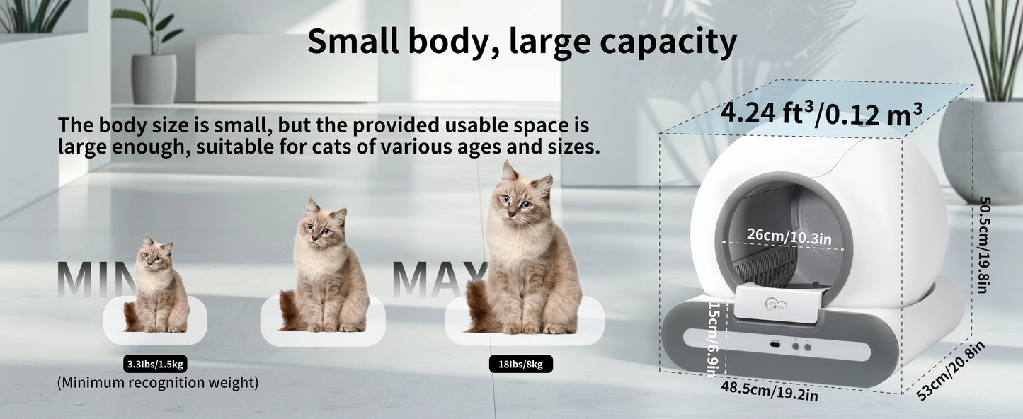mypawbloom DOEL 65L self-cleaning cat litter box with app control, supports 2.4G WiFi, featuring modern design and digital control panel.