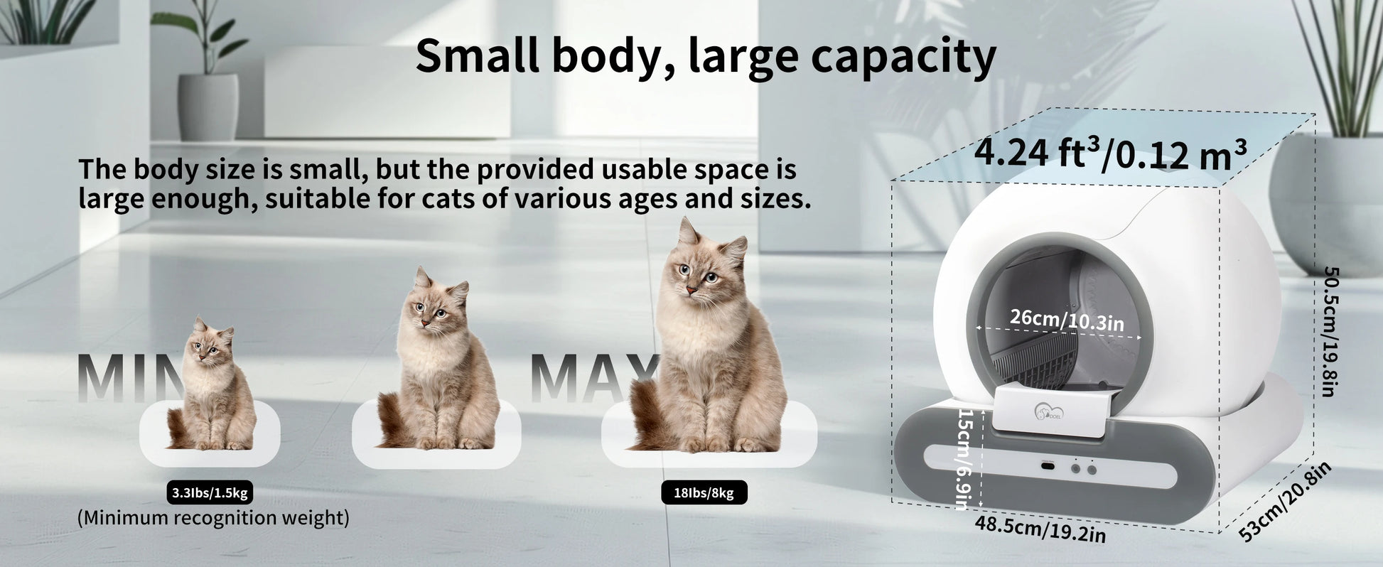 mypawbloom DOEL 65L self-cleaning cat litter box with app control, supports 2.4G WiFi, featuring modern design and digital control panel.