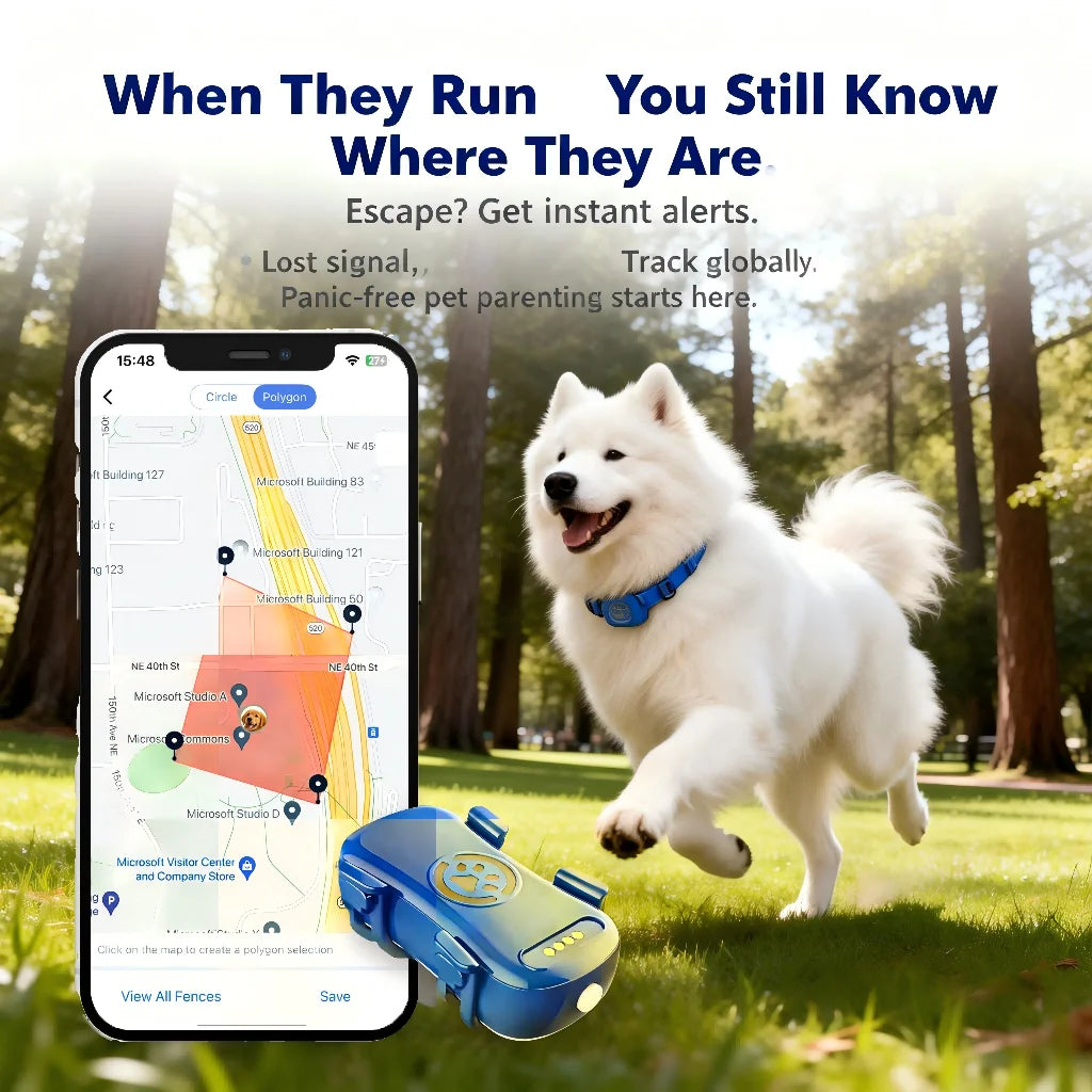 Mypawbloom GPS pet tracker for dogs and cats with built-in IoT SIM and WiFi tracking device on a pet collar.