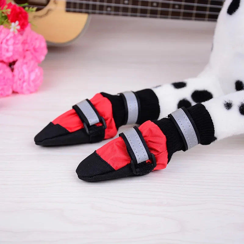 Waterproof anti-slip camouflage high shoes for large and medium dogs by mypawbloom, showing the durable, protective footwear on a dog.